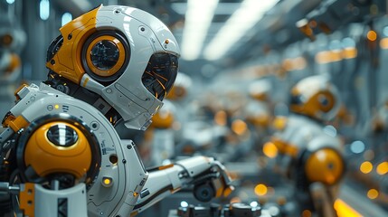 Fototapeta premium A human technician and a robotic arm in a sleek, futuristic factory, collaboratively assembling a complex machine component. The environment is clean and technologically advanced,