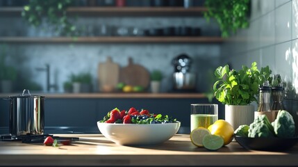 A serene kitchen scene with a smoothie bowl and healthy ingredients neatly arranged