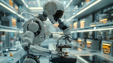 Fototapeta premium A laboratory scene where a scientist is using a robotic arm to analyze biological samples under a microscope. The robotic arm is steady and precise, with the background featuring a clean,
