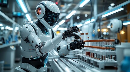 Fototapeta premium A laboratory scene where a scientist is guiding a robotic arm as it conducts an experiment, with the robotic arm precisely manipulating test tubes. The background features a clean,