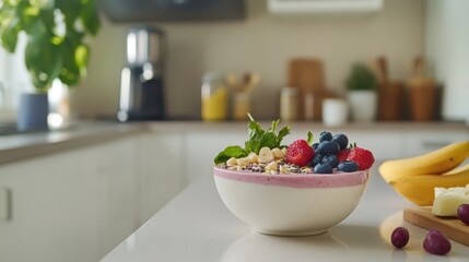 A serene kitchen scene with a smoothie bowl and healthy ingredients neatly arranged