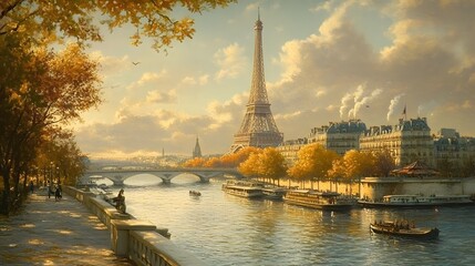 Fototapeta premium 29. **Depict the Eiffel Tower with a backdrop of the Seine River and Parisian buildings along its banks.**