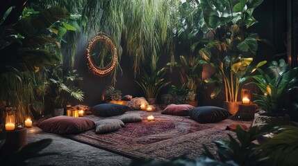 A tranquil meditation space with cushions and candles surrounded by plants