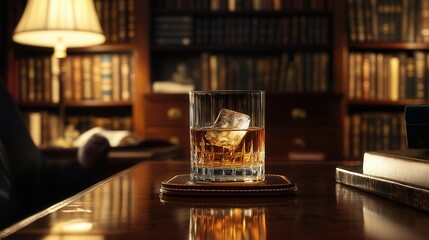 Sophisticated Scotch Whisky with Ice Cube on Mahogany Desk. AI generated illustration