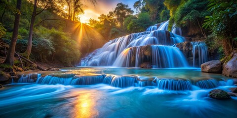 Obraz premium Kapas Biru Falls in the evening, highlighting the striking contrast between the cool blue tones of the waterfall and the warm golden light of the surrounding environment