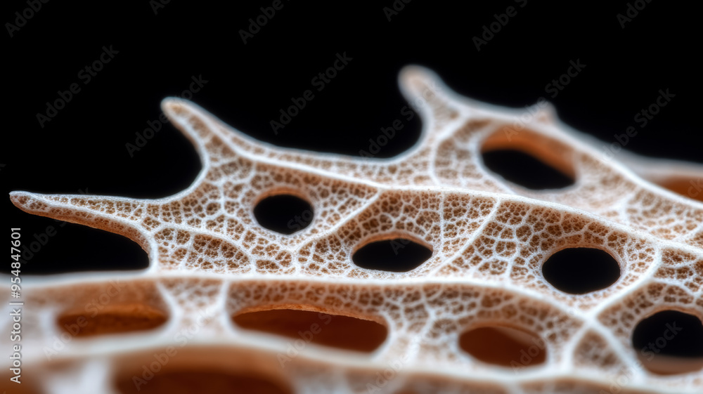 Poster macro view of a decaying leaf showing intricate holes and a translucent structure