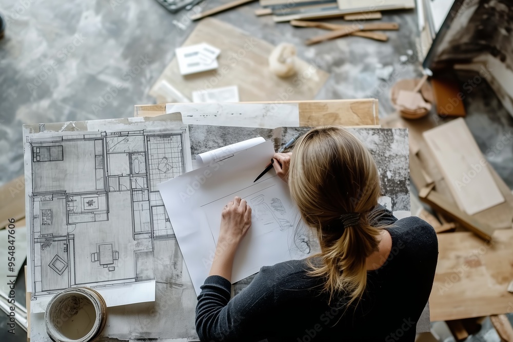 Poster a designer sketches architectural plans in a well-lit workspace filled with materials and blueprints