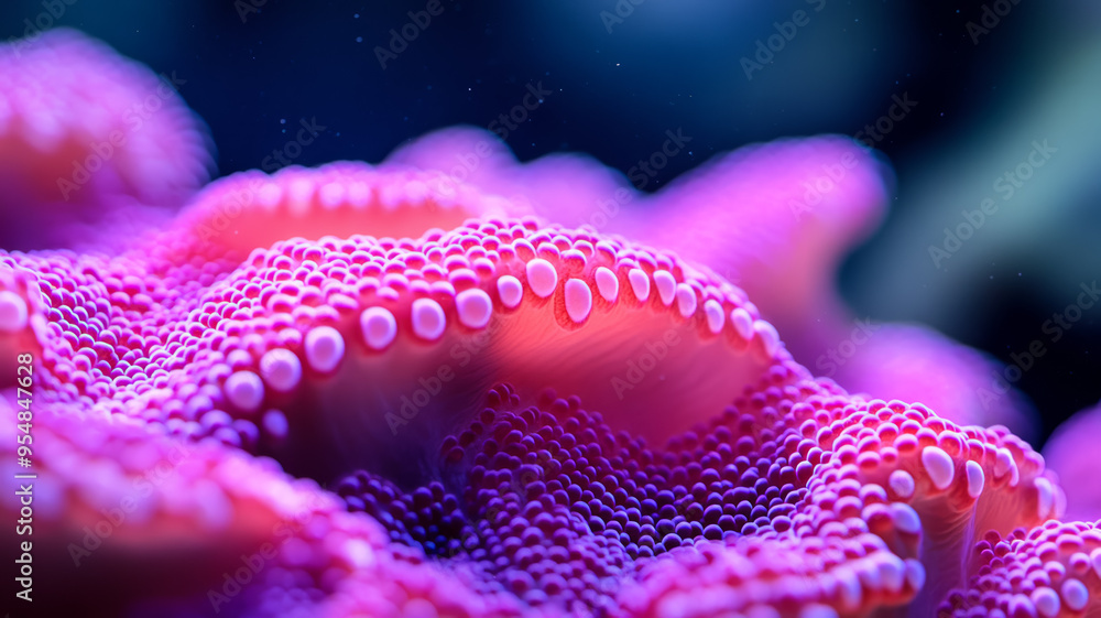 Poster macro view of coral surface with vibrant colors and small polyps visible