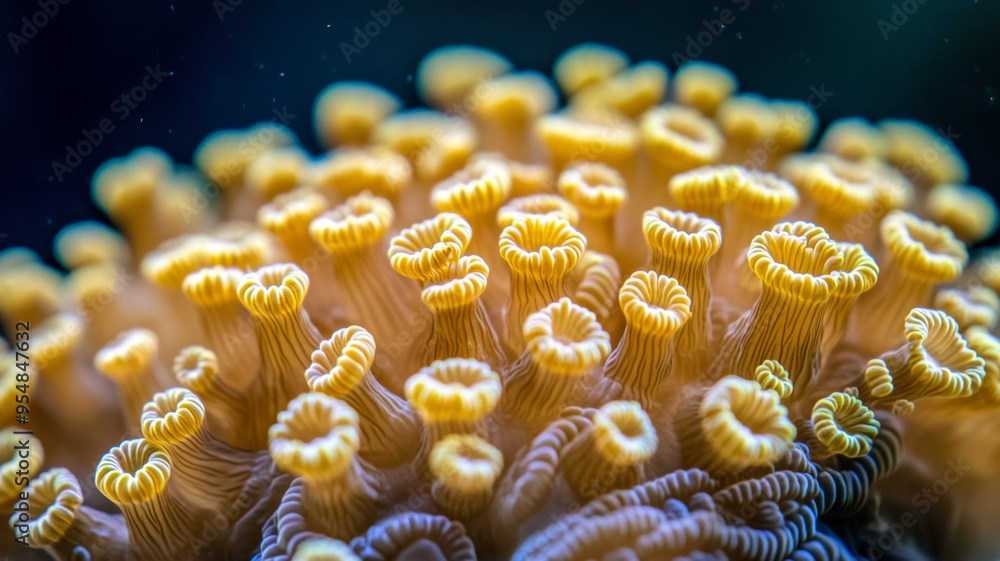 Poster macro view of coral surface with vibrant colors and small polyps visible