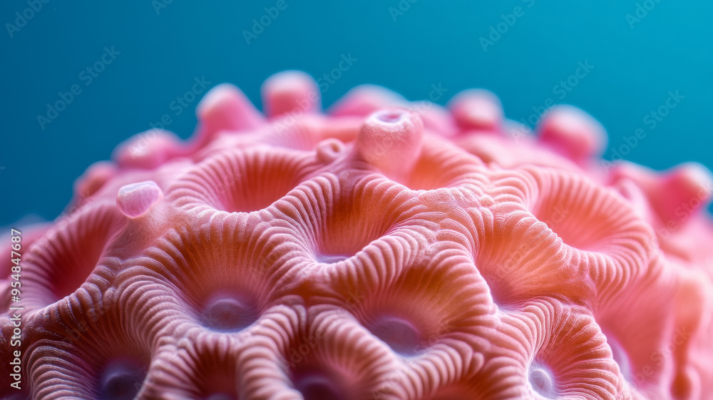 Poster macro view of coral surface with vibrant colors and small polyps visible