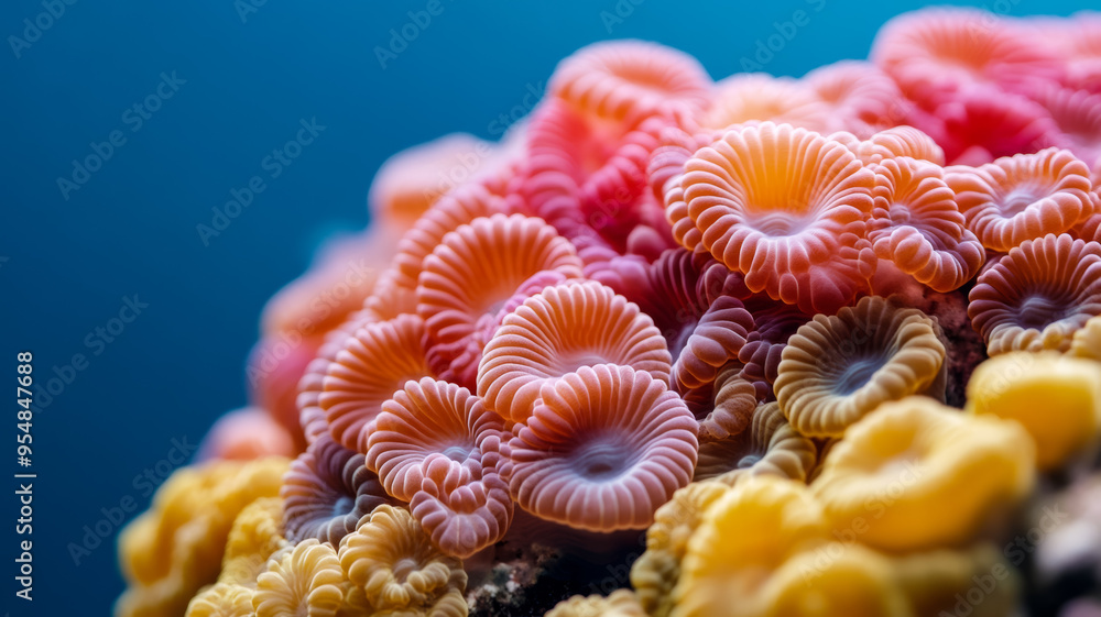 Poster macro view of coral surface with vibrant colors and small polyps visible