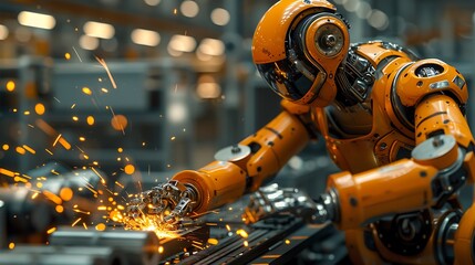 A modern factory where an engineer supervises a robotic arm welding metal parts. The scene captures the intensity of the welding process,