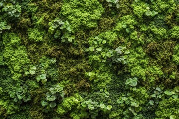 Obraz premium Close-up surface of the wall covered with green moss. Modern eco friendly decor made of colored stabilized moss. with generative ai