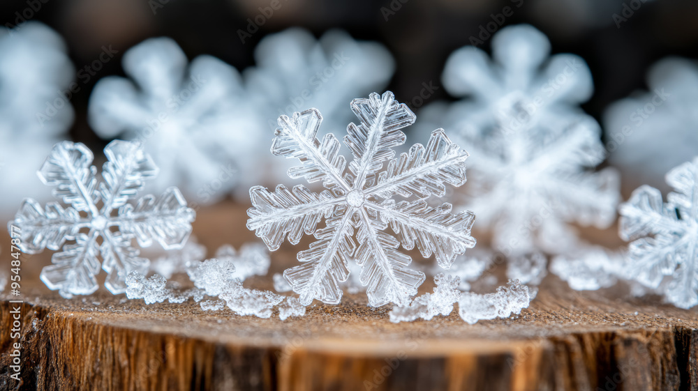 Poster macro view of snowflakes resting on a piece of wood showing unique crystalline shapes
