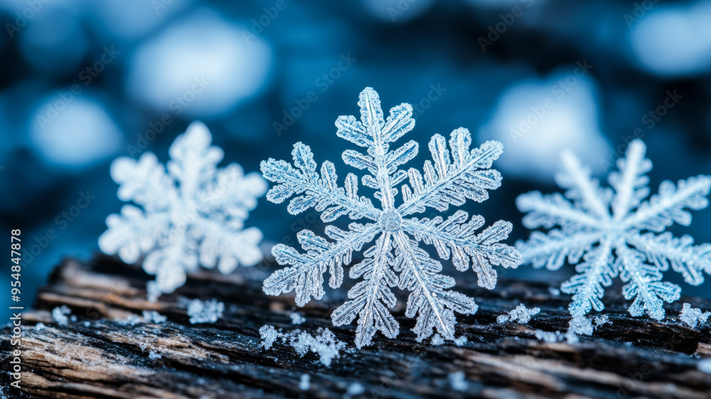 Poster macro view of snowflakes resting on a piece of wood showing unique crystalline shapes