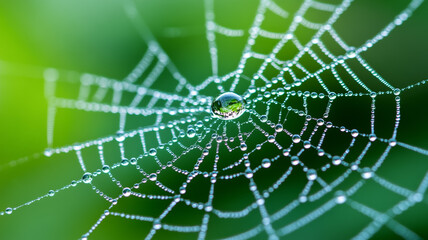 Magnified shot of morning dew on a spider web each droplet acting as a tiny lens 