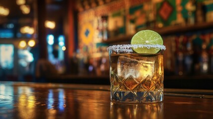 Tequila with Lime and Salt Rim on Mexican Bar Counter. AI generated illustration