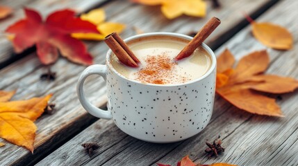 Warm Apple Cider with Cinnamon and Cloves on Autumn Deck. AI generated illustration