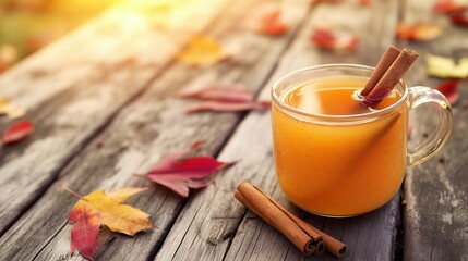 Warm Apple Cider with Cinnamon and Cloves on Autumn Deck. AI generated illustration