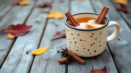 Warm Apple Cider with Cinnamon and Cloves on Autumn Deck. AI generated illustration