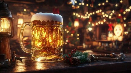 Oversized Glass of Golden Beer in Cozy Tavern. AI generated illustration