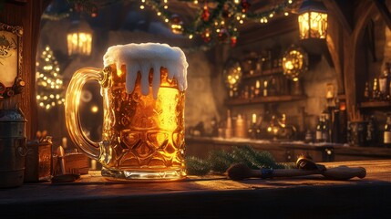 Oversized Glass of Golden Beer in Cozy Tavern. AI generated illustration