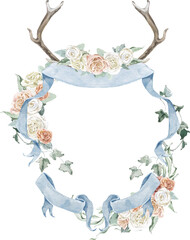 Spring Floral Wedding Crest Bouquet White Cream Pastel Watercolor Corner Banner Elegant Wreath Frame