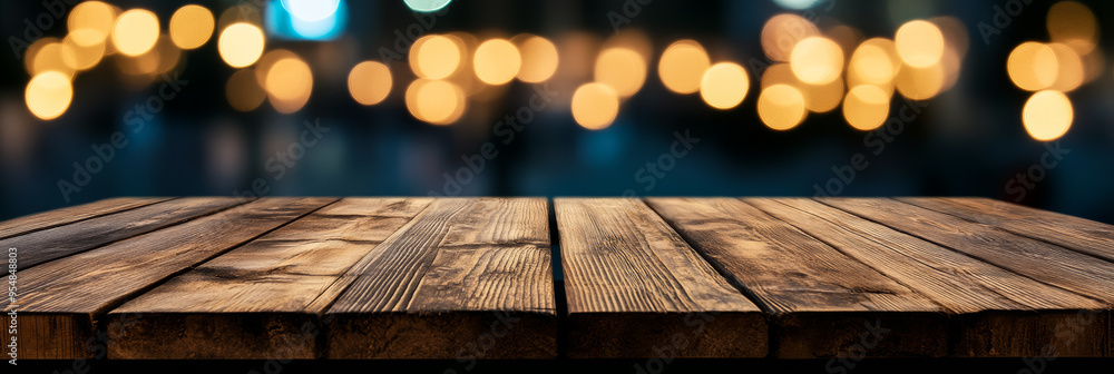 Poster old wooden table with a softly blurred pastel bokeh background creating a nostalgic serene ambiance
