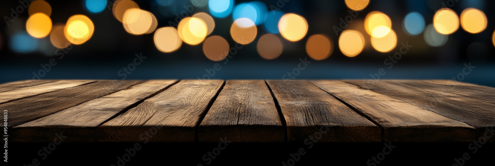 Aufkleber old wooden table with a softly blurred pastel bokeh background creating a nostalgic serene ambiance