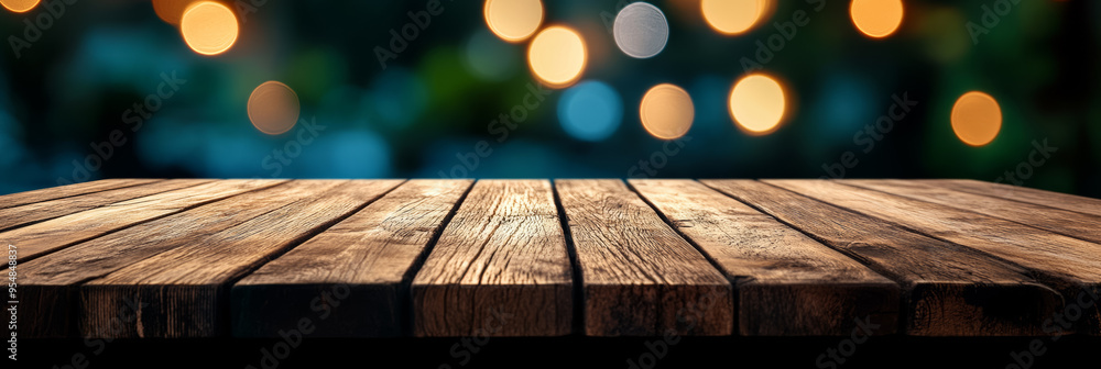 Poster old wooden table with a softly blurred pastel bokeh background creating a nostalgic serene ambiance