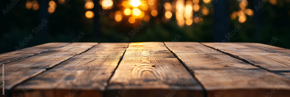 Poster old wooden table with a softly blurred pastel bokeh background creating a nostalgic serene ambiance