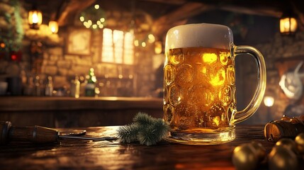 Oversized Glass of Golden Beer in Cozy Tavern. AI generated illustration