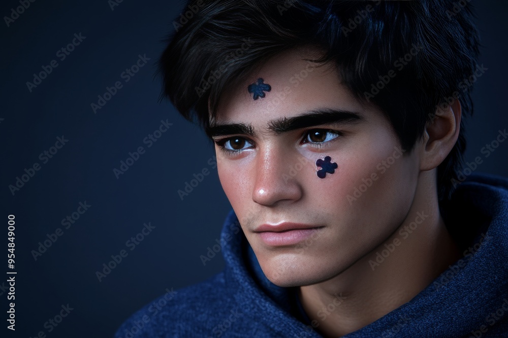 Poster mirror neurons serotonin drop young man with a fragmented face symbolizing the challenges of identit