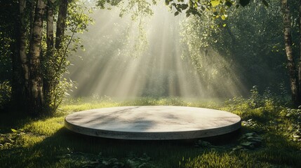 Round Concrete Platform for Product Presentation in Forest. AI generated illustration