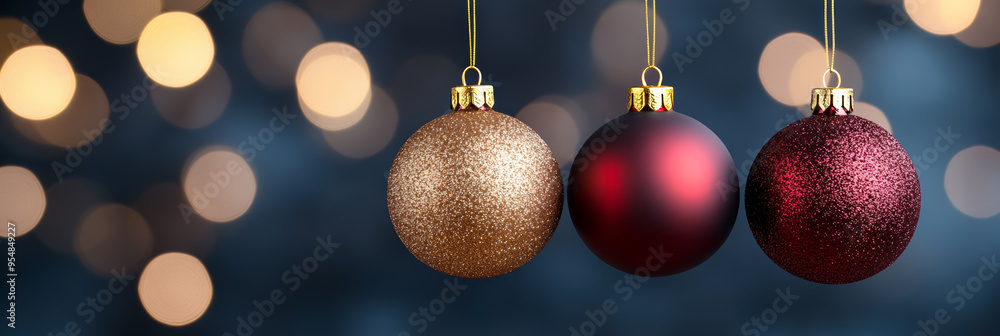 Sticker Rich burgundy and gold Christmas balls hanging on a sophisticated blurred background with elegant deep toned lighting 