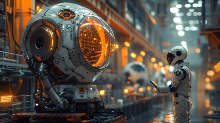 Fototapeta premium An ultra-realistic scene of a worker interacting with a robot via a tablet in a high-tech facility. The robot is positioned in front of the worker, awaiting commands,