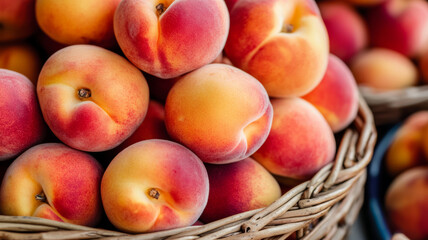 Ripe peaches with soft fuzz and warm hues nestled in a wicker basket market stall background 