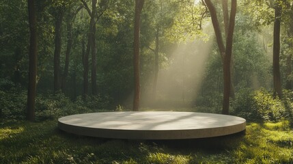 Round Concrete Platform for Product Presentation in Forest. AI generated illustration