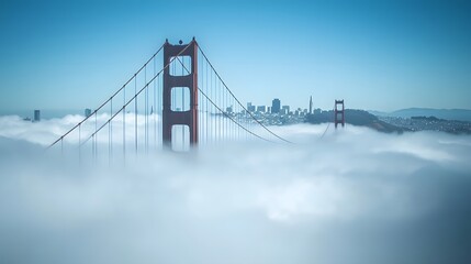Fototapeta premium 32. **Render the Golden Gate Bridge enveloped in fog, with the San Francisco skyline faintly visible in the distance.**
