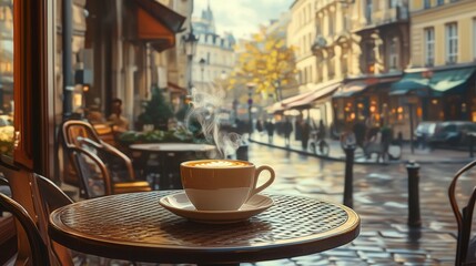Steaming Espresso Cup on Cafe Table with European Street View. AI generated illustration