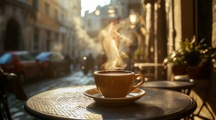 Steaming Espresso Cup on Cafe Table with European Street View. AI generated illustration