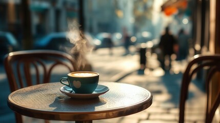 Steaming Espresso Cup on Cafe Table with European Street View. AI generated illustration