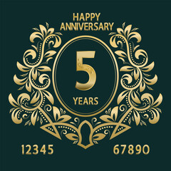 Anniversary greeting card in vintage style. Golden decorative numbers, wreath and Happy Anniversary inscription in set for designer.