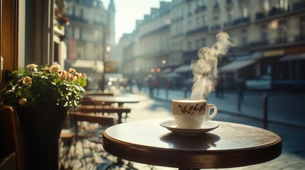 Steaming Espresso Cup on Cafe Table with European Street View. AI generated illustration