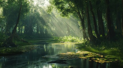 Obraz premium Enchanted Forest Pond with Sunbeams