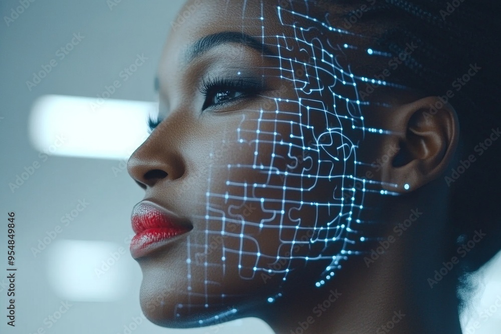 Poster ltp serotonin drop profile of a woman with a digital brain map overlay symbolizing the connection be