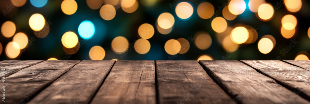 Poster rustic wooden table with a bright colorful bokeh background softly blurred for a festive feel