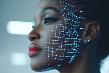 LTP Serotonin drop Profile of a woman with a digital brain map overlay symbolizing the connection between human intelligence and global technological advancement