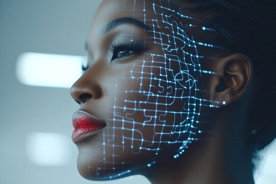 LTP Serotonin drop Profile of a woman with a digital brain map overlay symbolizing the connection between human intelligence and global technological advancement