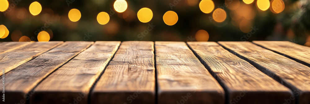 Poster rustic wooden table with a warm golden bokeh background softly blurred creating a cozy ambiance